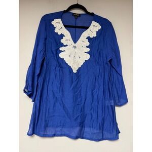 Cal Style Blue Embroidered V Neck‎ Tunic Top Women's Large Made in USA